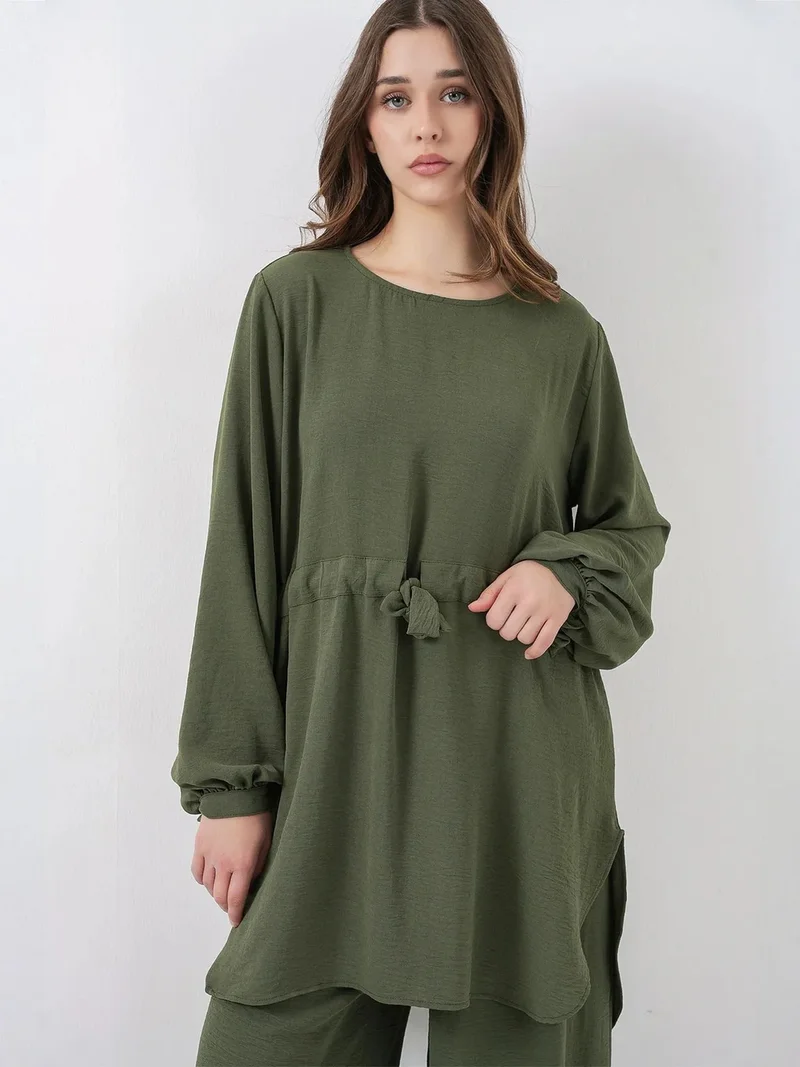 BIG DART BDART Crew Neck Tie Detail Tunic and Wide Leg Pants Set